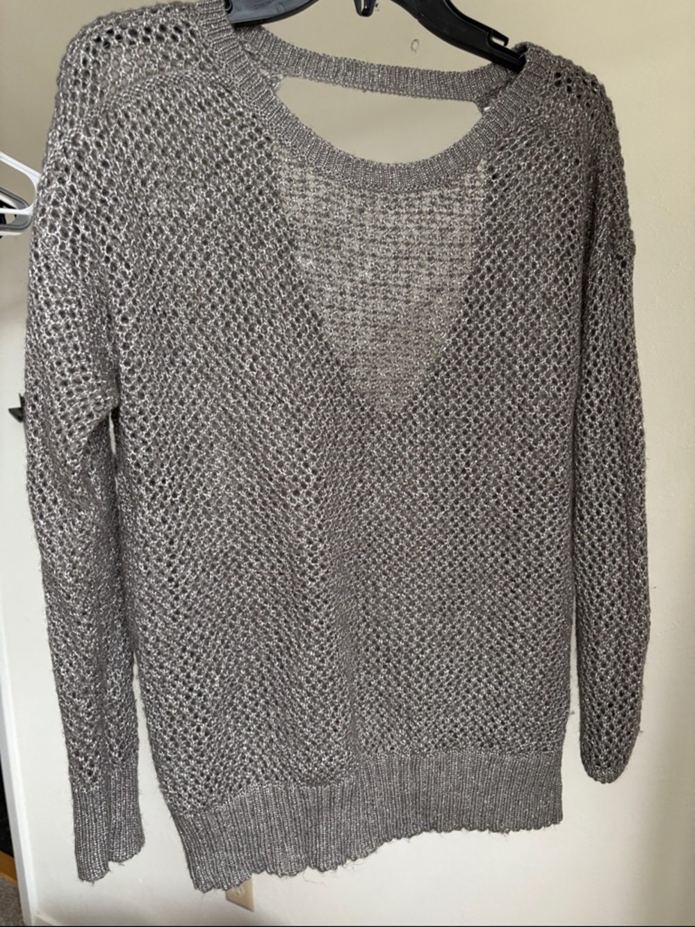 Jennifer Lopez Gray Open-Knit V-Neck Sweater